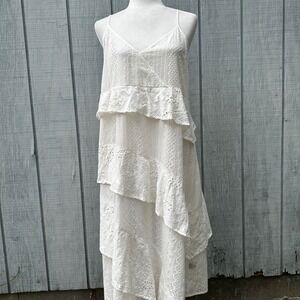 POL Eyelet Ruffle Tiered Maxi Dress White Sleeveless Summer Beach Cotton Size‎ L